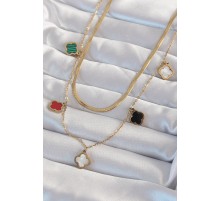 316L Çelik Gold Renk İtalyan Zincirli Renkli Mineli Çoklu Yonca Kolye - TJ-BKO8973