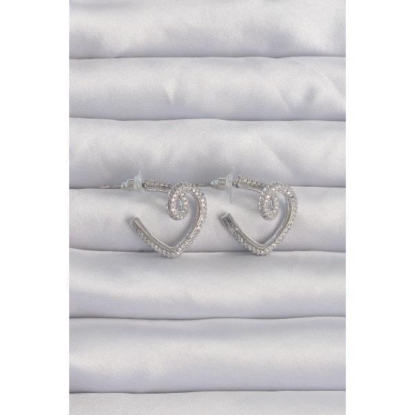 Pirinç Gümüş Renk Zirkon Taşlı Kıvrımlı Yarım Kalp Küpe - TJ-BKP9278