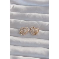 Pirinç Gold Renk Fiyonk Detay İncili Zirkon Taşlı Kalp Küpe TJ-BKP9299
