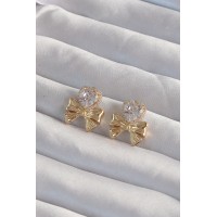 Pirinç Gold Renk Zirkon Taşlı Kalp Model Fiyonk Küpe TJ-BKP9311