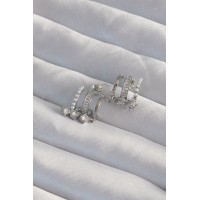 Pirinç Gümüş Renk İncili Çoklu Zirkon Taşlı Yarım Halka Küpe TJ-BKP9316