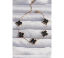 316L Çelik Gold Renk Siyah Mineli Yonca Bileklik - TJ-BB6258