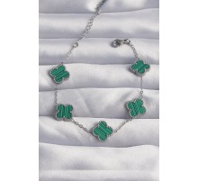 316L Çelik Gümüş Renk Çizgili Yeşil Mineli Yonca Bileklik - TJ-BB6259