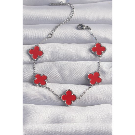 316L Çelik Gümüş Renk Kırmızı Mineli Yonca Bileklik - TJ-BB6263