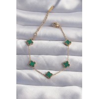 316L Çelik Baby Boy Gold Renk Çizgili Yeşil Mineli Yonca Bileklik TJ-BB6271
