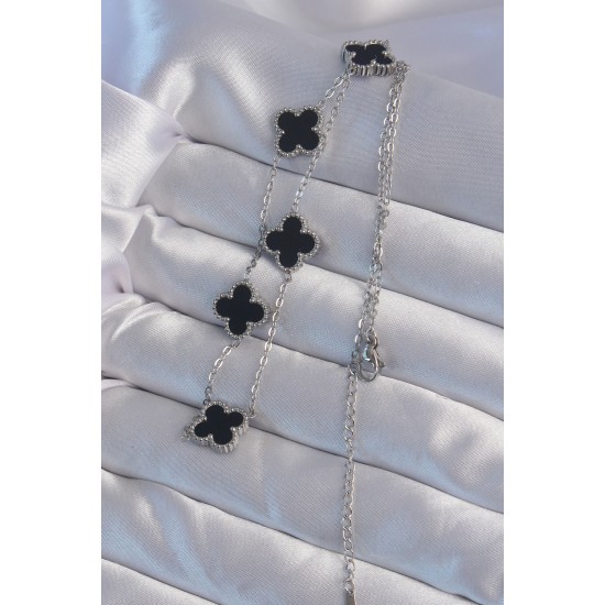 316L Çelik Gümüş Renk Siyah Mineli Yonca Kolye - TJ-BKO8997