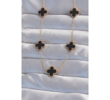 316L Çelik Gold Renk Siyah Mineli Yonca Kolye - TJ-BKO8998