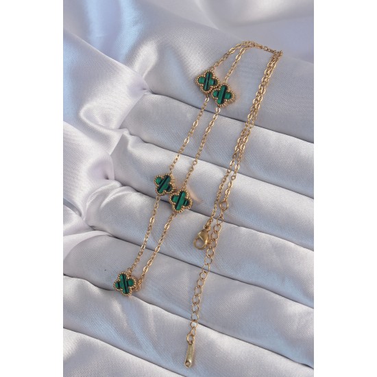 316L Çelik Gold Renk Minimal Yeşil Mineli Yonca Kolye - TJ-BKO9000