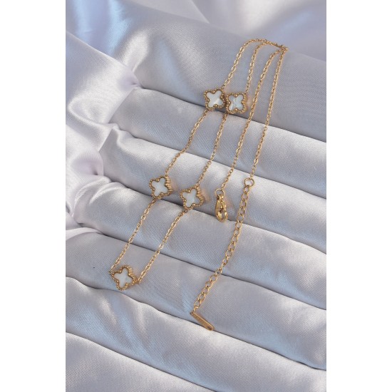 316L Çelik Gold Renk Minimal Beyaz Sedefli Yonca Kolye - TJ-BKO9002