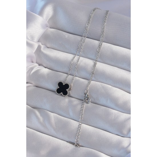 316L Çelik Gümüş Renk Siyah Mineli Yonca Kolye - TJ-BKO9007