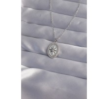 316L Çelik Zincir Gümüş Renk Zirkon Taşlı Kabartmalı Kutup Yıldızı Kolye - TJ-BKO9016