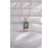 316L Çelik Gold Renk Mavi Mineli Güneş Model Tarot Kolye - TJ-BKO9026
