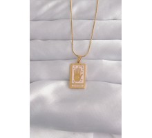316L Çelik Gold Renk Pembe Mineli El Figür Tarot Kolye - TJ-BKO9031