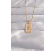 316L Çelik Gold Renk Pembe Mineli El Figür Tarot Kolye - TJ-BKO9031