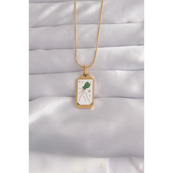 316L Çelik Gold Renk Beyaz Mineli Tarot Kolye - TJ-BKO9039