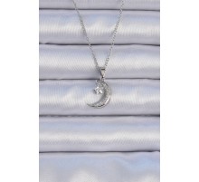 316L Çelik Zincir Gümüş Renk Zirkon Taşlı Sallantılı Ay Yıldız Kolye - TJ-BKO9062