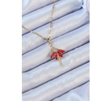 316L Çelik Zincir Altın Renk Kırmızı Etekli Zirkon Taşlı Balerin Kolye - TJ-BKO9099