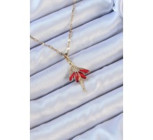 316L Çelik Zincir Altın Renk Kırmızı Etekli Zirkon Taşlı Balerin Kolye - TJ-BKO9099