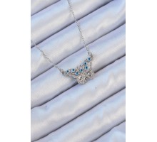 316L Çelik Zincir Gümüş Renk Zirkon Taşlı Nazarlı Kelebek Kolye - TJ-BKO9102