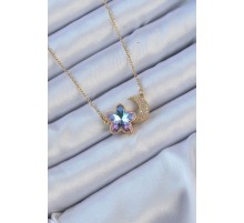 316L Çelik Zincir Altın Renk Ay Tasarımlı Renkli Zirkon Taşlı Çiçek Kolye - TJ-BKO9135