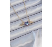 316L Çelik Zincir Altın Renk Mavi Mor Zirkon Taşlı Kanatlı Kalp Kolye - TJ-BKO9161