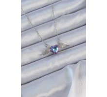 316L Çelik Zincir Gümüş Renk Mavi Mor Zirkon Taşlı Kanatlı Kalp Kolye - TJ-BKO9162