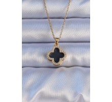 316L Çelik Gold Renk Siyah Mineli Zirkon Taşlı Yonca Figürlü Kolye TJ-BKO9198