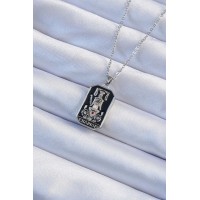 316L Çelik Zincir Gümüş Renk Siyah Mineli Tarot Kolye TJ-BKO9246