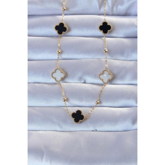 316L Çelik Altın Renk Çift Renkli Mineli Yonca Kolye - TJ-BKO9253