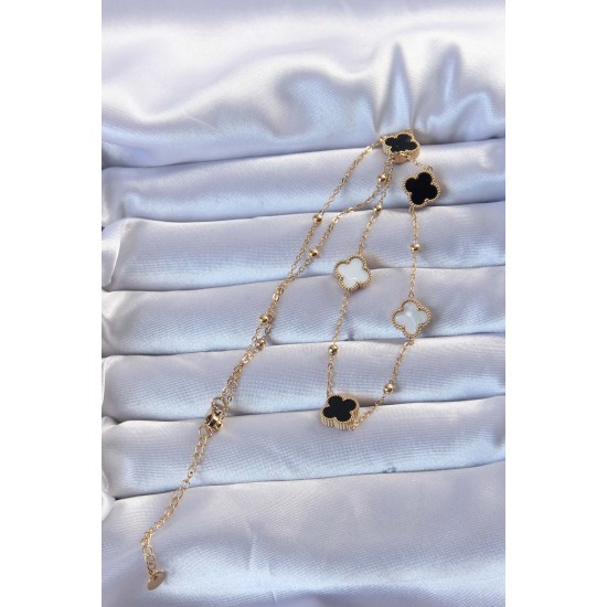 316L Çelik Altın Renk Çift Renkli Mineli Yonca Kolye - TJ-BKO9253