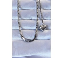 316L Çelik Gümüş Renk Küp Zincirli Kalpli Kolye - TJ-BKO9258