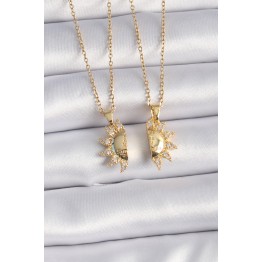 316L Çelik Gold Renk Zirkon Taşlı Güneş Model İşleme Yazı Detay Arkadaş Kolyesi TJ-BKO9288