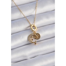 316L Çelik Gold Renk Zirkon Taşlı Ay Yıldız Model Charm Model Kadın Kolye TJ-BKO9312
