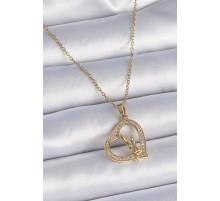 316L Çelik Zincir Gold Renk Zirkon Taşlı Kalp Model Melek Detay Kadın Kolye - TJ-BKO9356