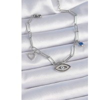 316L Çelik Gümüş Renk Zirkon Taşlı Göz Figür Kalp Detay Kadın Bileklik - TJ-BB6442