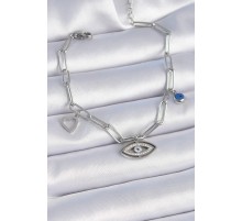 316L Çelik Gümüş Renk Zirkon Taşlı Göz Figür Kalp Detay Kadın Bileklik - TJ-BB6442