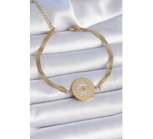 316L Çelik Gold Renk İtalyan Zincir Zirkon Taşlı Göz İşlemeli Madalyon Model Kadın Bileklik - TJ-BB6445