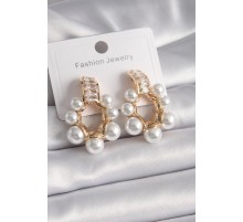 Pirinç Gold Renk Zirkon Taşlı Su Yolu İncili Halka Model Kadın Küpe - TJ-BKP9620