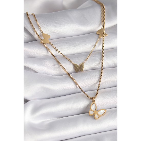 316L Çelik Gold Renk 2'Li Zincir Model Beyaz Sedefli Kelebek Figür Kadın Kolye - TJ-BKO9423 316L Çelik Gold Renk 2'Li Zincir Model Beyaz Sedefli Kelebek Figür Kadın Kolye - TJ-BKO9423