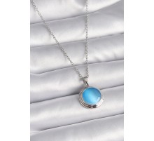 316L Çelik Gümüş Renk Mavi Sedefli Daire Model Kadın Kolye - TJ-BKO9424