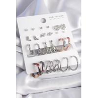 Pirinç Gümüş Renk Zirkon Taş Detaylı 12 Çift Kadın Küpe TJ-BKP9680
