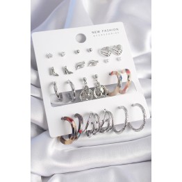 Pirinç Gümüş Renk Zirkon Taş Detaylı 12 Çift Kadın Küpe TJ-BKP9680