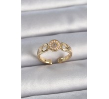 Pirinç Gold Renk Zirkon Taşlı İncili Kalp İşleme Detay Ayarlanabilir Kadın Yüzük - TJ-BYK3358