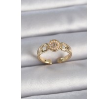 Pirinç Gold Renk Zirkon Taşlı İncili Kalp İşleme Detay Ayarlanabilir Kadın Yüzük - TJ-BYK3358
