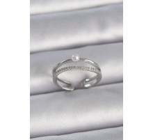 Pirinç Gümüş Renk Zirkon Taşlı İnci Detay Ayarlanabilir Model Kadın Yüzük - TJ-BYK3371