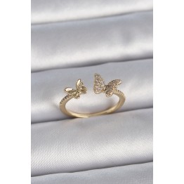 Pirinç Gold Renk Ayarlanabilir Zirkon Taşlı Kelebek Model Kadın Yüzük TJ-BYK3374