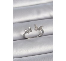 Pirinç Gümüş Renk Ayarlanabilir Zirkon Taşlı Kelebek Model Kadın Yüzük - TJ-BYK3375