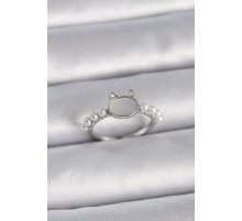Pirinç Gümüş Renk Ayarlanabilir Beyaz Mineli Kedi Model İnci Detay Kadın Yüzük - TJ-BYK3387