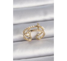 Pirinç Gold Renk Ayarlanabilir Zirkon Taşlı İncili Yıldız Model Kadın Yüzük - TJ-BYK3392