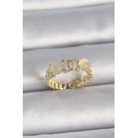 Pirinç Gold Renk Ayarlanabilir Zirkon Taşlı Beyaz Mineli Birleşik Halka Model Kadın Yüzük TJ-BYK3402